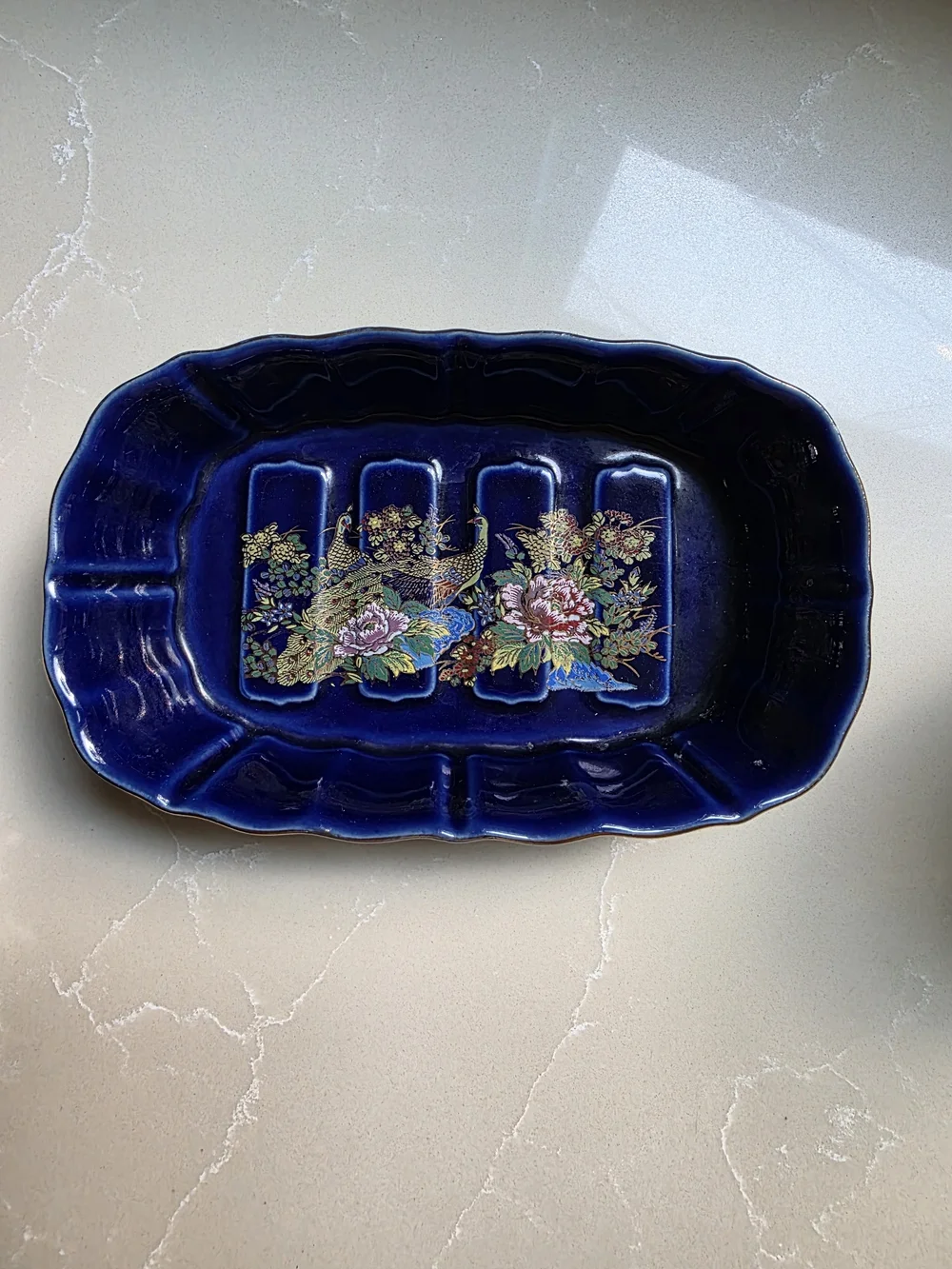 VIntage JAPANESE THREE PEICE Cobalt Blue PEACOCK & Floral Porcelain BATHROOM Set